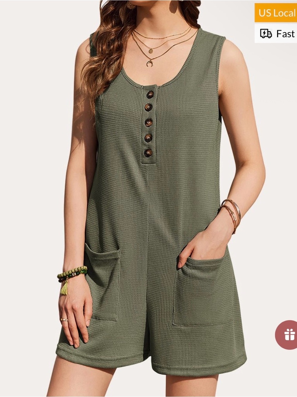 Sleeveless Olive Green Waffle Knit Romper 2xl